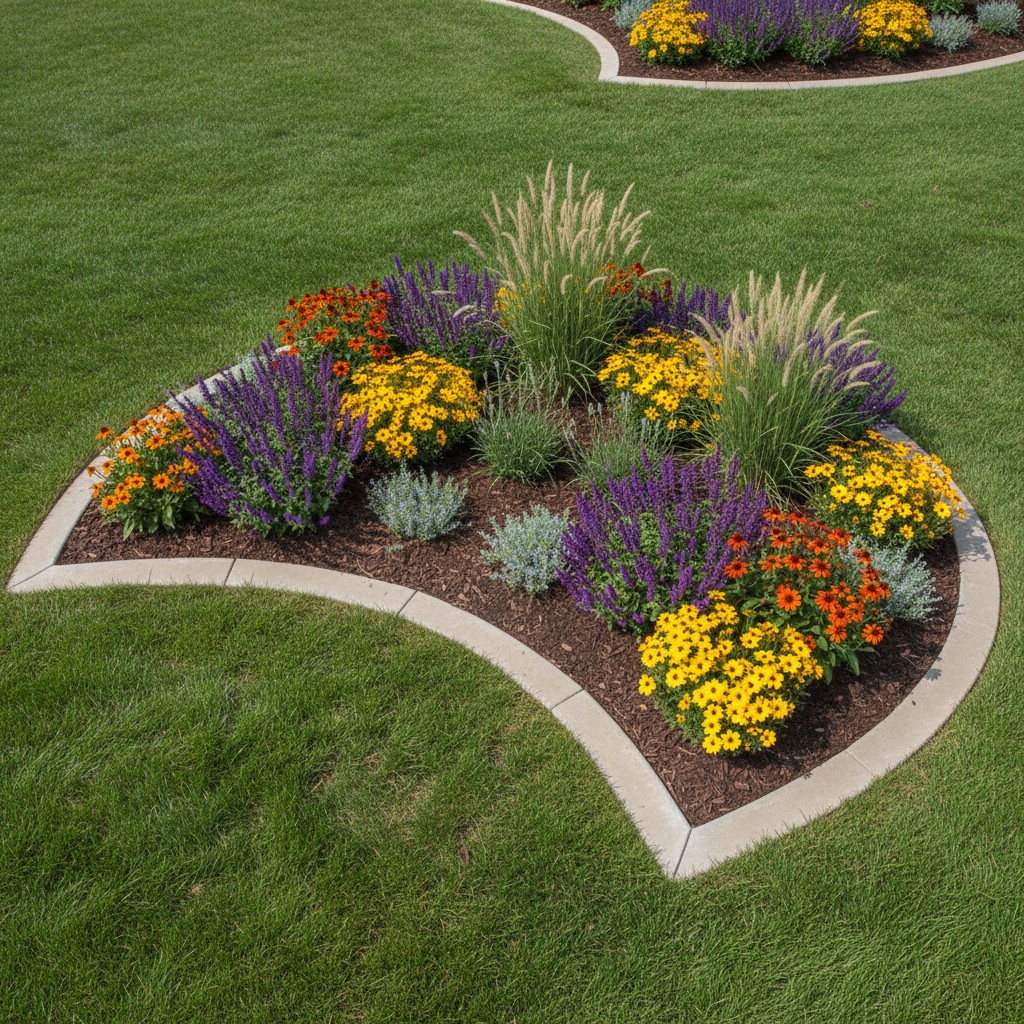 A beautifully manicured yard with a garden bed featuring diverse wildflowers and grasses, showcasing the art of landscapin...