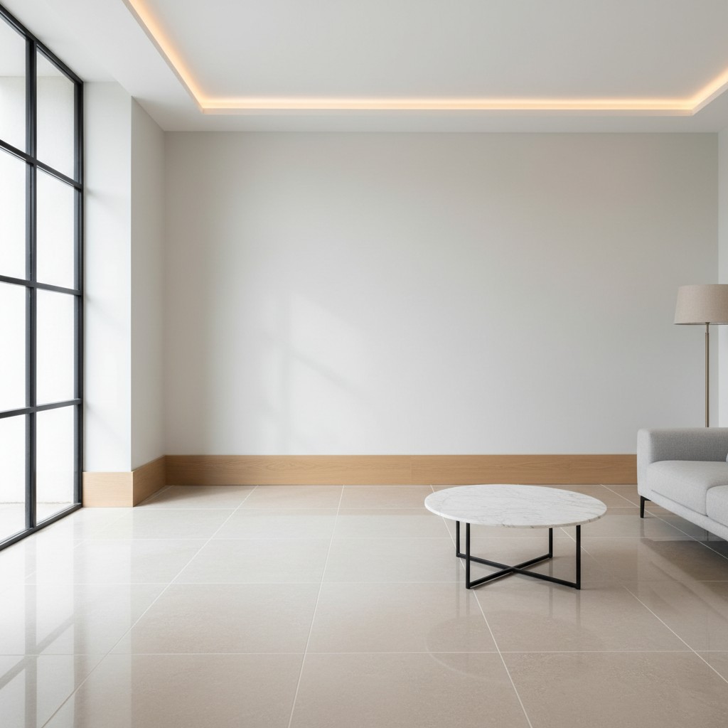 empty, modern living room with white walls and tile flooring.