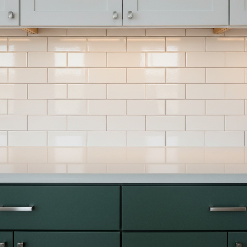 A section of a kitchen featuring modern cabinetry and white and grey tile backslashes.