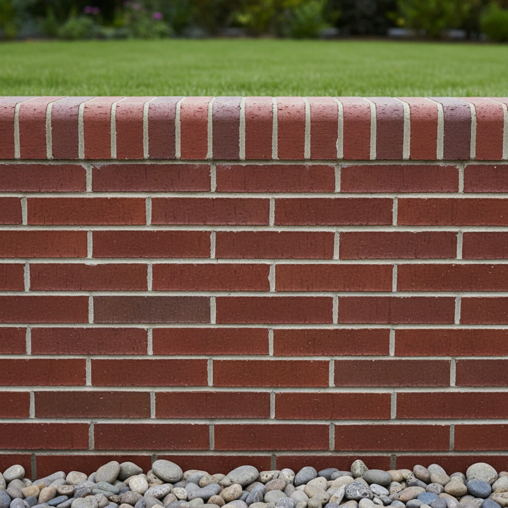 Close-up of a vibrant red brick wall, featuring a flat top covered with a red brick slab atop white mortar, surrounded by ...