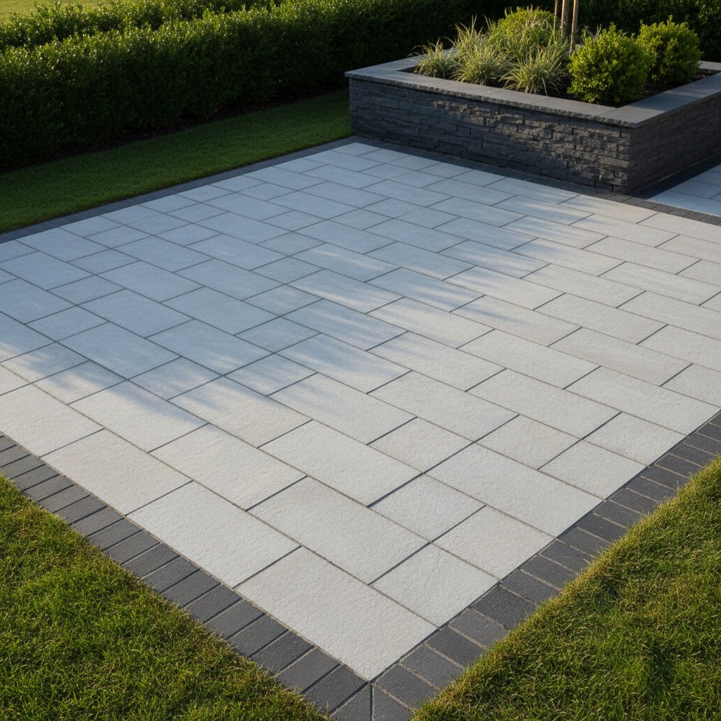 A herringbone pattern paver patio on a sunny day, featuring large insulated, rectangular stone pavers in shades of grey an...